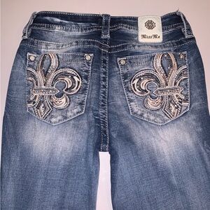 Miss Me Fleur De Lis Boot Cut Jeans Pink Embroidered Sequins Sparkly Pockets 26